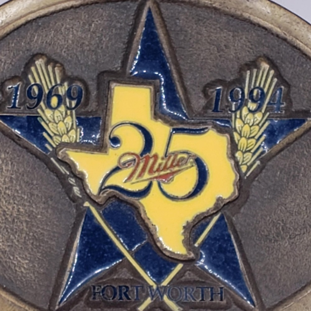 Miller Beer 25th Anniversary Ft Worth Texas Blue Yellow Brass Oval Belt Buckle - Picture 2 of 6
